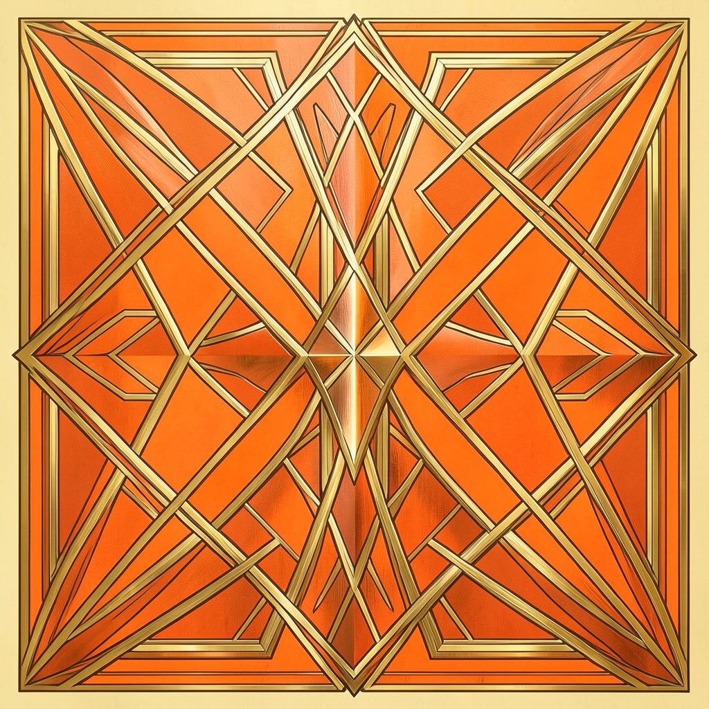 Een art-deco geometrische compositie met symmetrische motieven in warme goud- en bronskleuren tegen een diepe donkere achtergrond