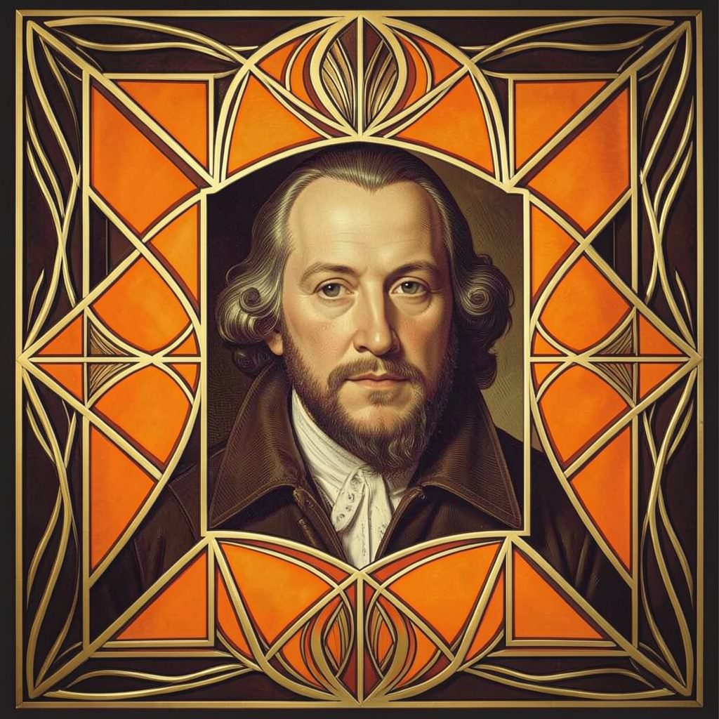 Portret van William Shakespeare in donkere kleding met een witte kraag, tegen een gedempte achtergrond in bruin- en goudtinten.